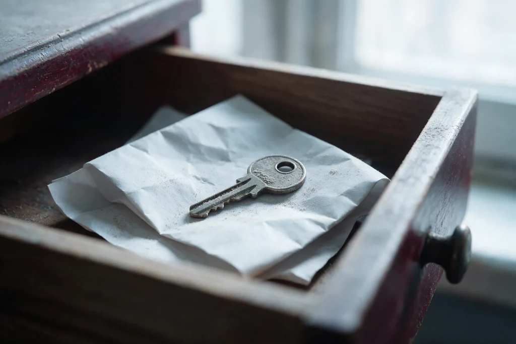 Contrato antigo amassado e uma chave dentro de uma gaveta de madeira