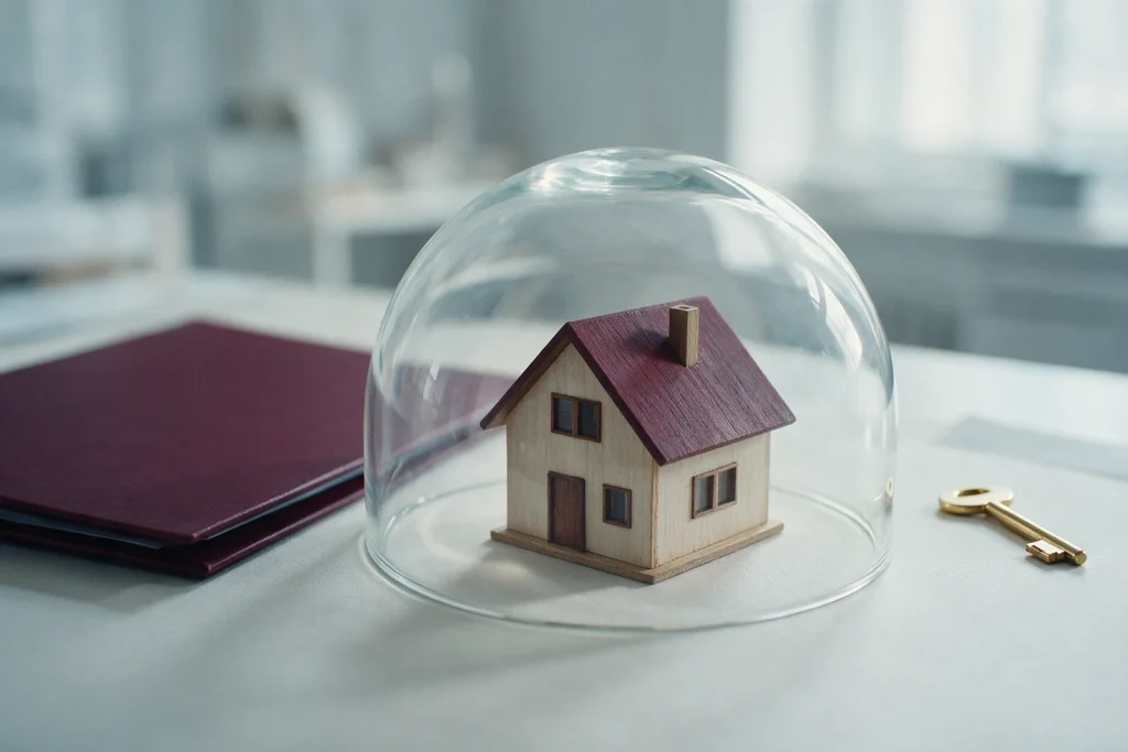 Casa em miniatura protegida por uma redoma de vidro, ao lado de uma pasta e uma chave