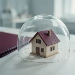 Casa em miniatura protegida por uma redoma de vidro, ao lado de uma pasta e uma chave