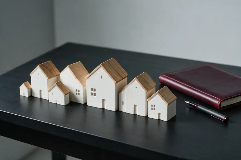 Casas de madeira em miniatura ao lado de um livro-caixa e uma caneta