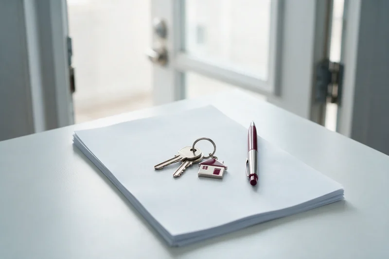 Chaves de apartamento com chaveiro em forma de casa sobre contrato de locação em branco